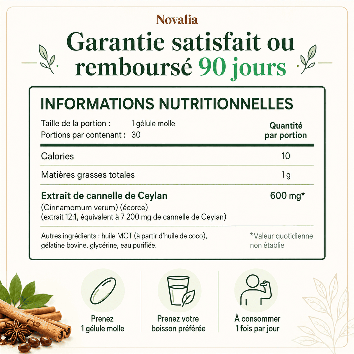 Novelia™ — Cannelle de Ceylan 7 200 mg à l'huile TCM