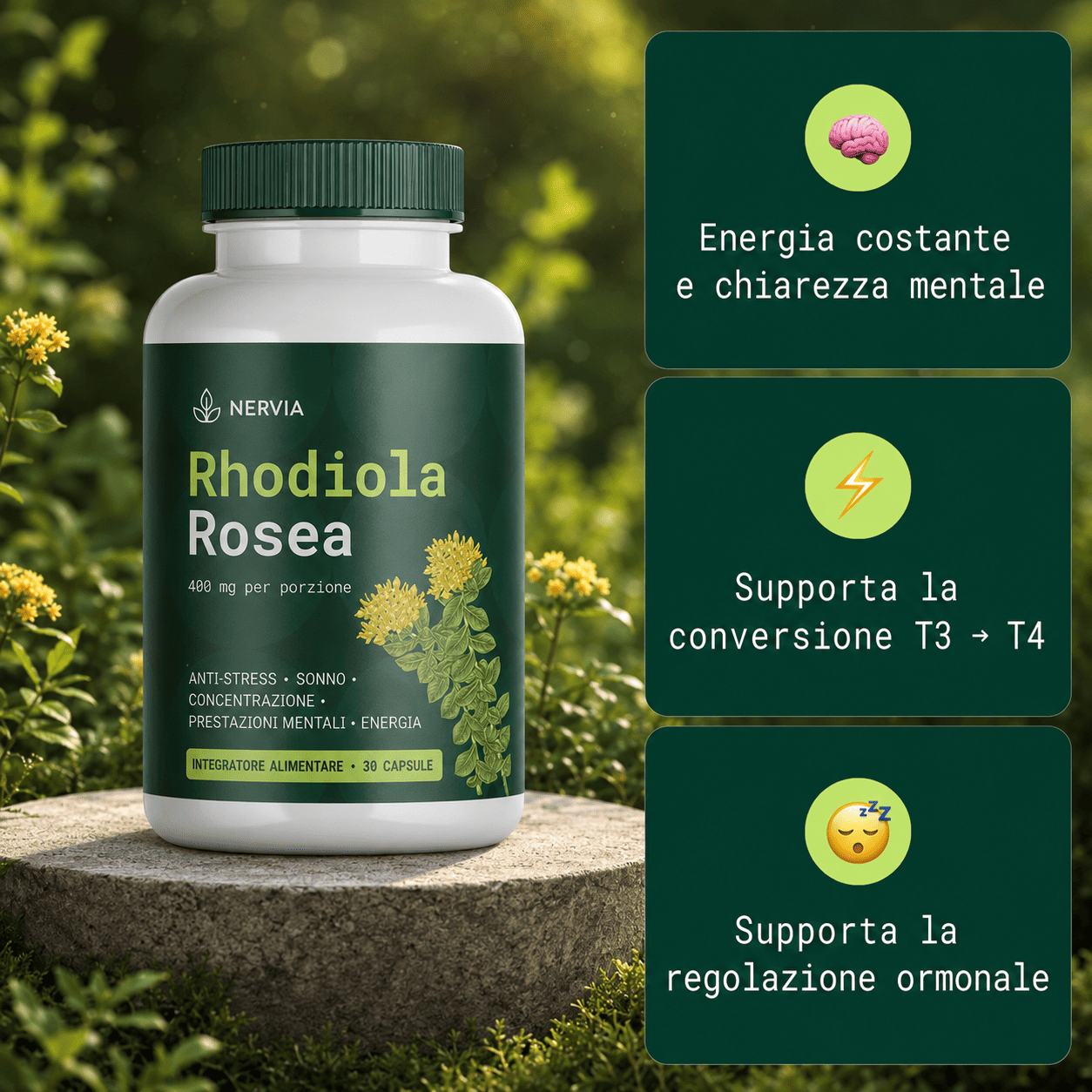Rhodiola Rosea Nervia™ - Adattogeno naturale - gestisci meglio lo stress, l'energia e il gonfiore